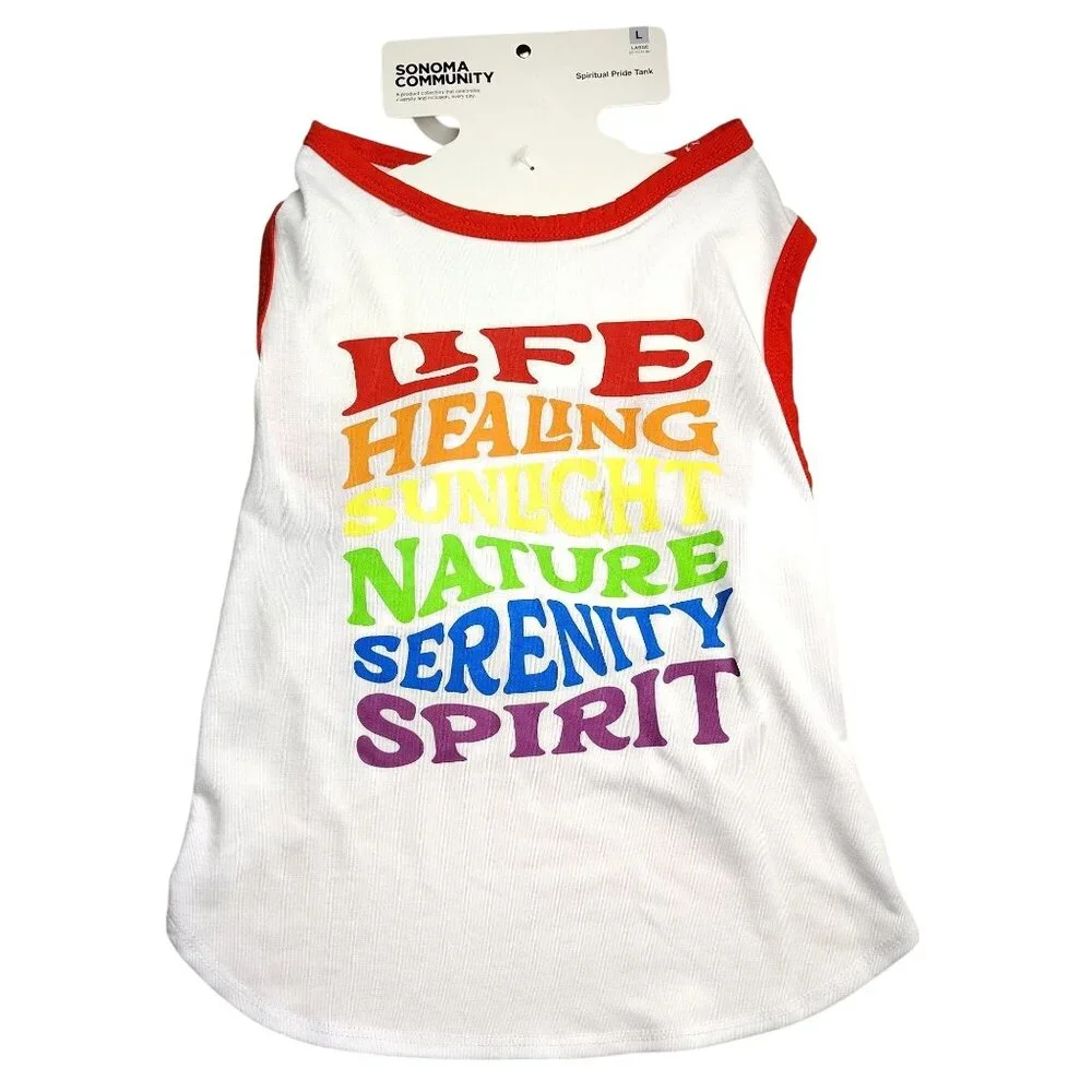 Sonoma Spiritual Pride Large Dog Tank Top Red and White Rainbow Text